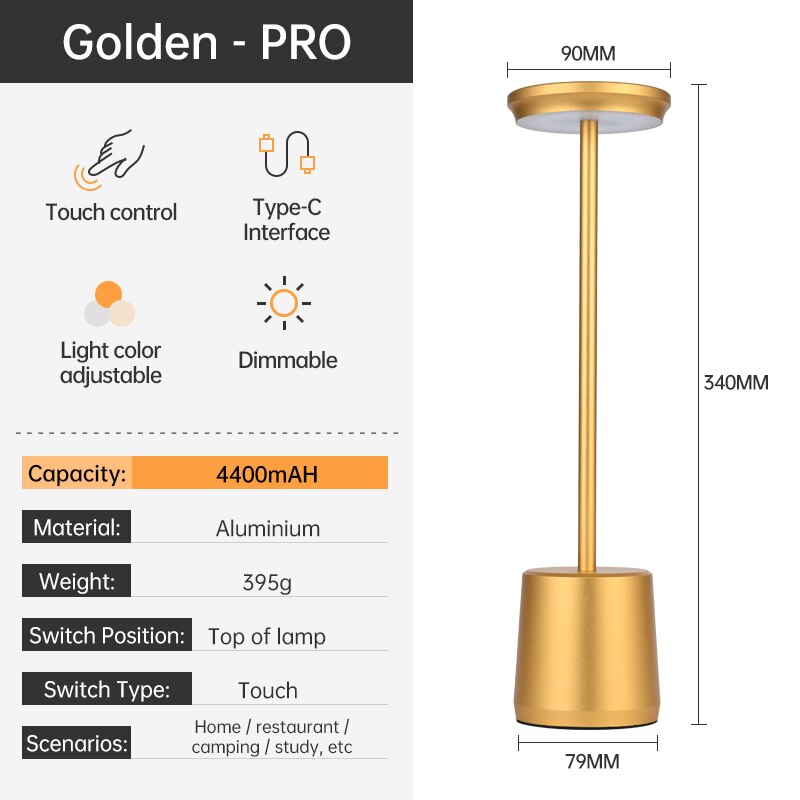 4400mAh Rechargeable Bar Table Lamp Dimmable Cordless Aluminum Bedside Touch Control Desk Light Bedroom Night Lights Decor