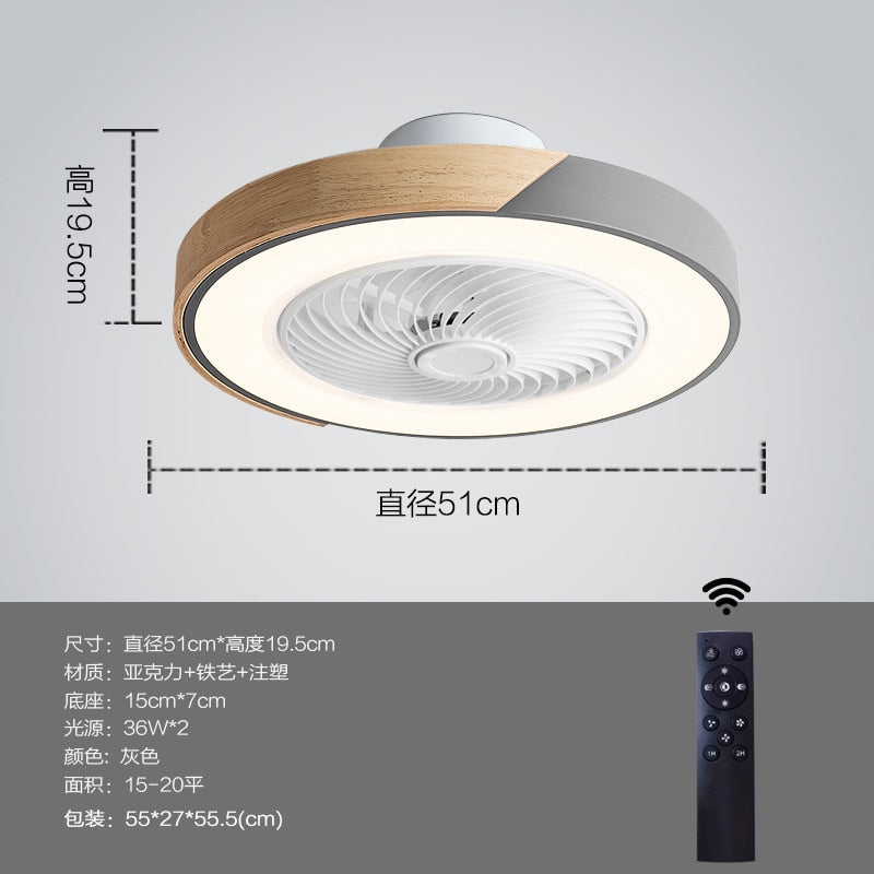 Intelligent ceiling fan with light, used for kitchen, dining room and bedroom decoration, 50cm silent invisible fan