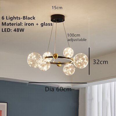 Creative Romantic Style Star Bright LED Modern Chandelier Hanging Lamp Round Black/Golden Transparent Glass Ball Pendant Light