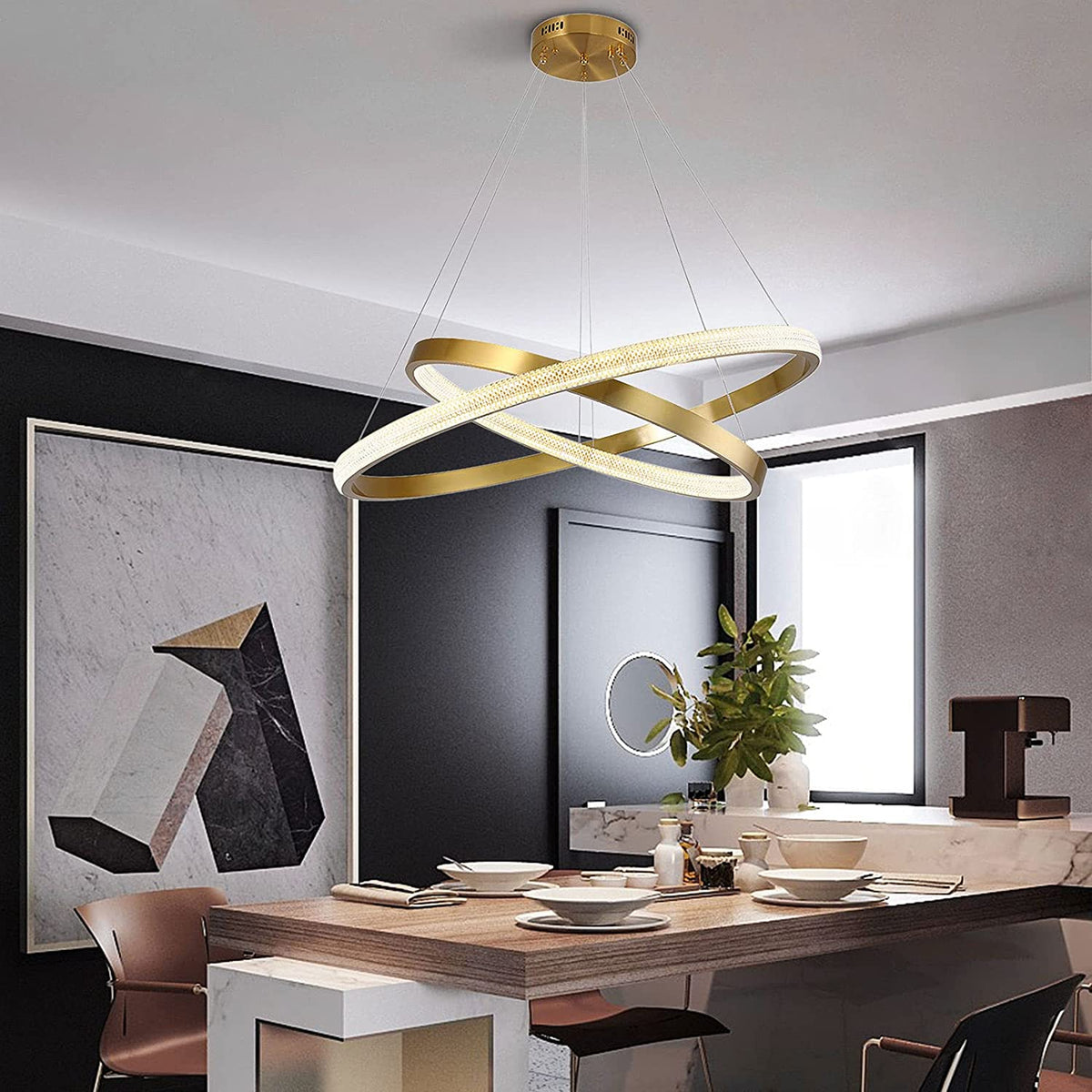 Modern 2 LED Circular Rings Crystal Pendent Light 3000K Single Color for Living Room