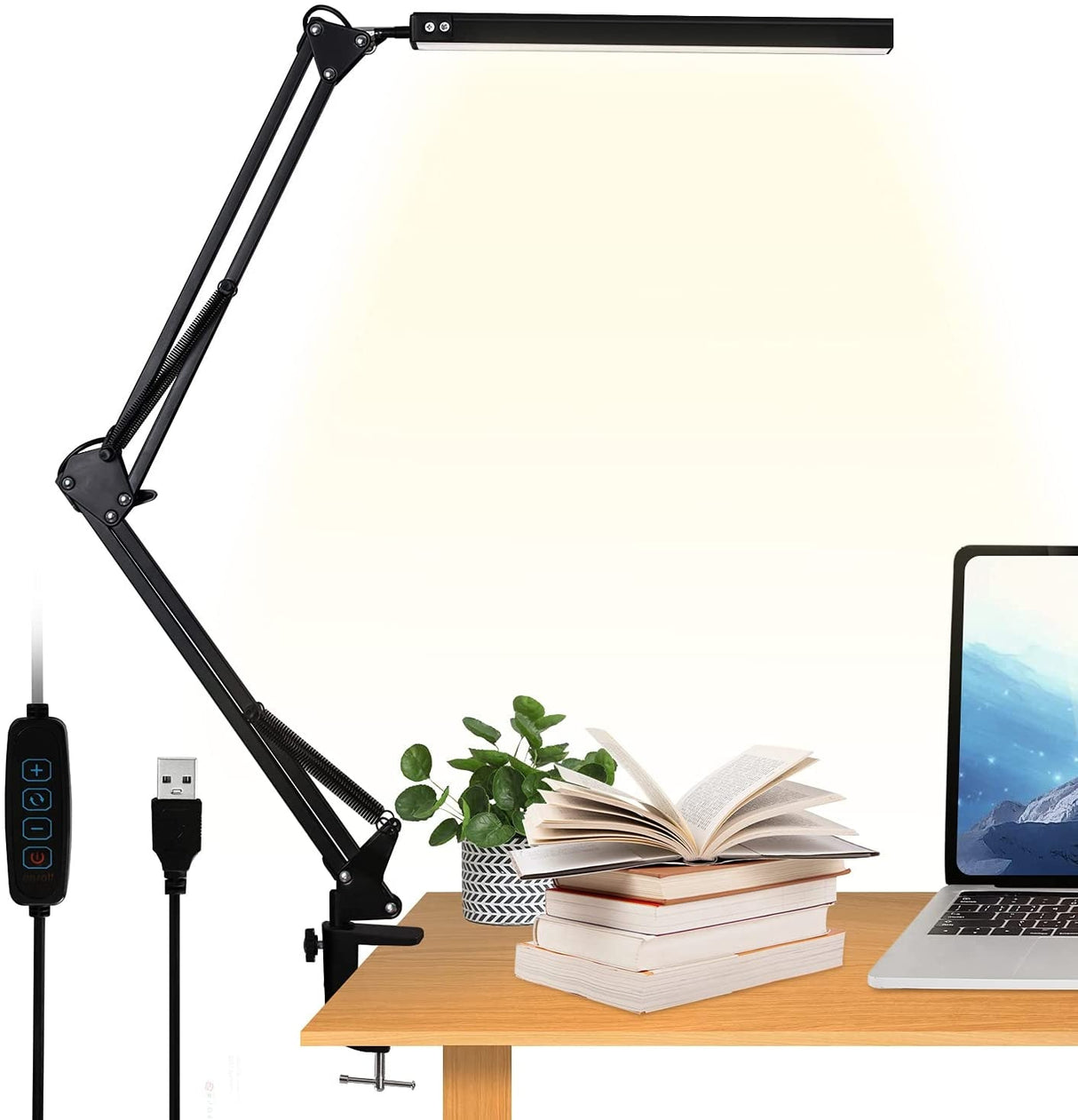 LED Desk Lamp with Clamp, Eye-Care Dimmable Reading Light, 3 Color Modes Swing Arm Lamp, USB Clip-on Table Lamp, Daylight Lamp
