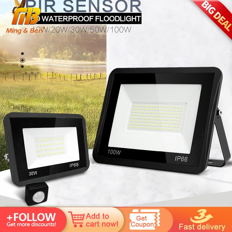 MINGBEN LED PIR Motion Sensor Floodlight IP66 Waterproof for Outdoors Wall 220V Black 100W 50W 30W 20W Lamps Garden Spotlight