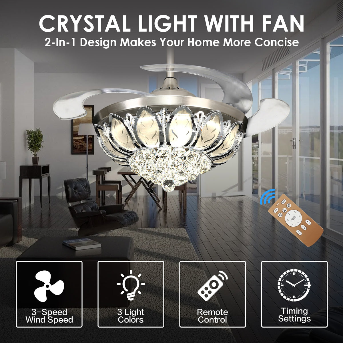 Crystal Ceiling Lamp Fan Light LED Chandelier Pendant Light With 4 Invisible Retractable Blades Remote Control
