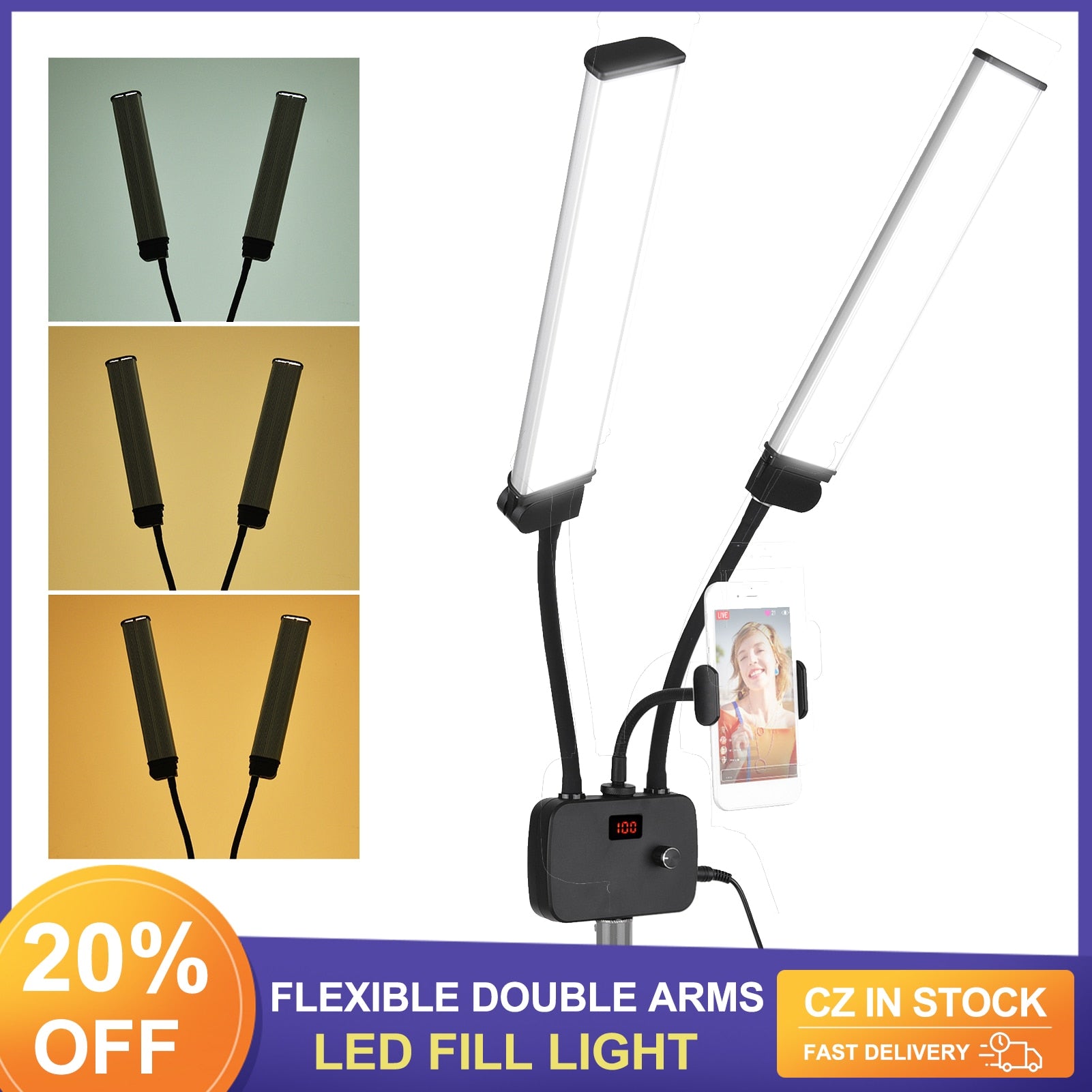 Flexible Double Arms LED Fill Light Bi-color Dimmable LED Video Light 3 Lighting Modes with Phone Holder for Makeup Live Stream