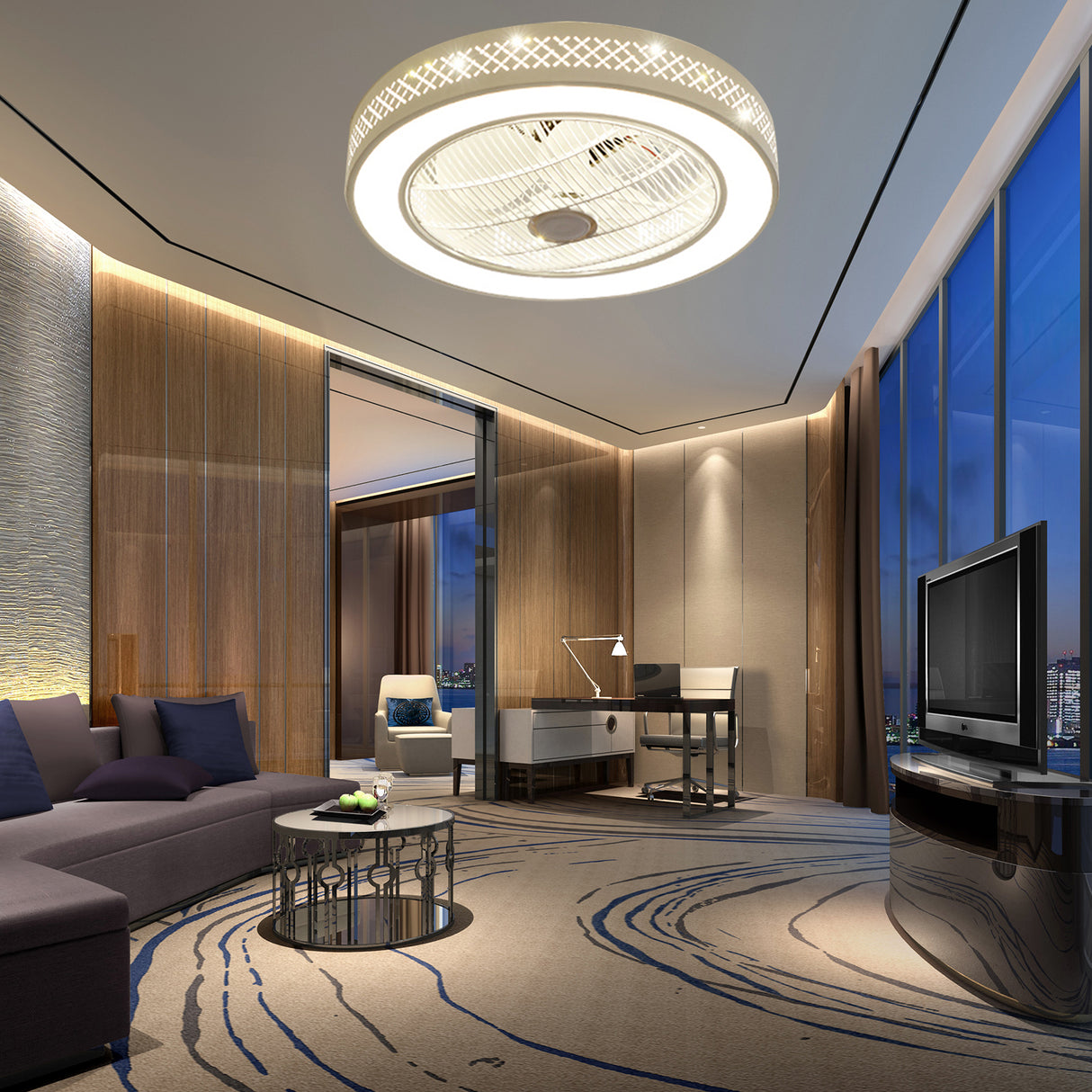 Acrylic Enclosed Round Ceiling Fan with Light and Remote Control Invisible Blades for Bedroom