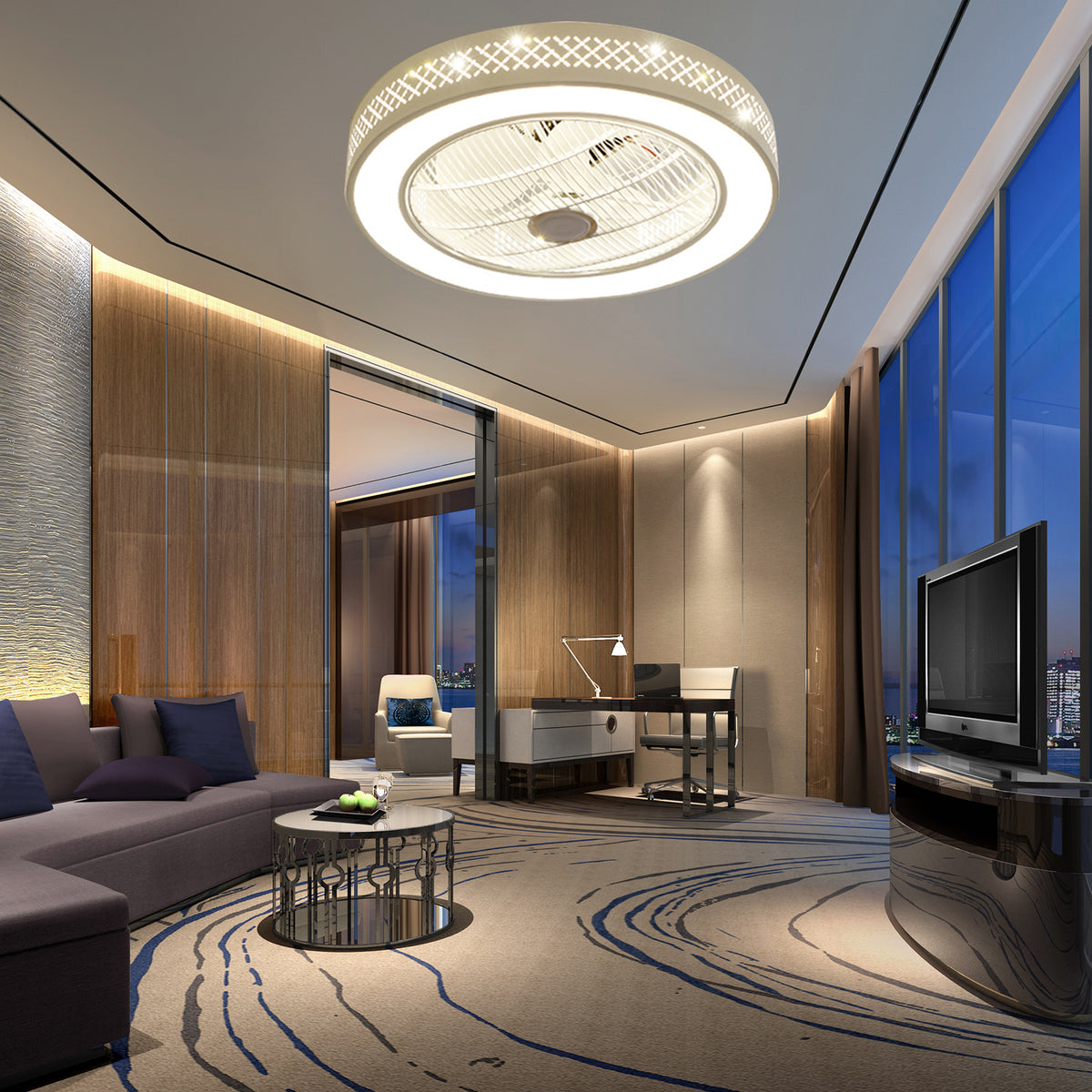 Acrylic Enclosed Round Ceiling Fan with Light and Remote Control Invisible Blades for Bedroom