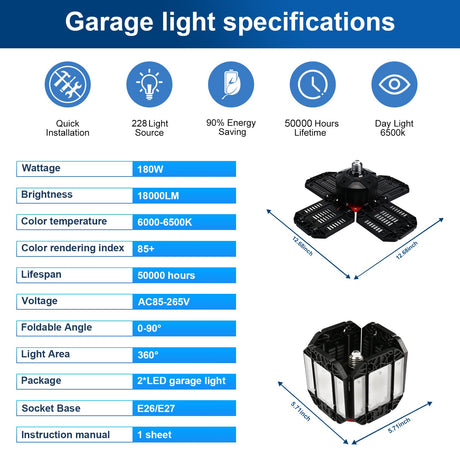 200W LED Garage Lights 3-12 Leafs Garage Ceiling Light Fixtures with Adjustable Multi-position Panel Lamp for Workshop Warehouse