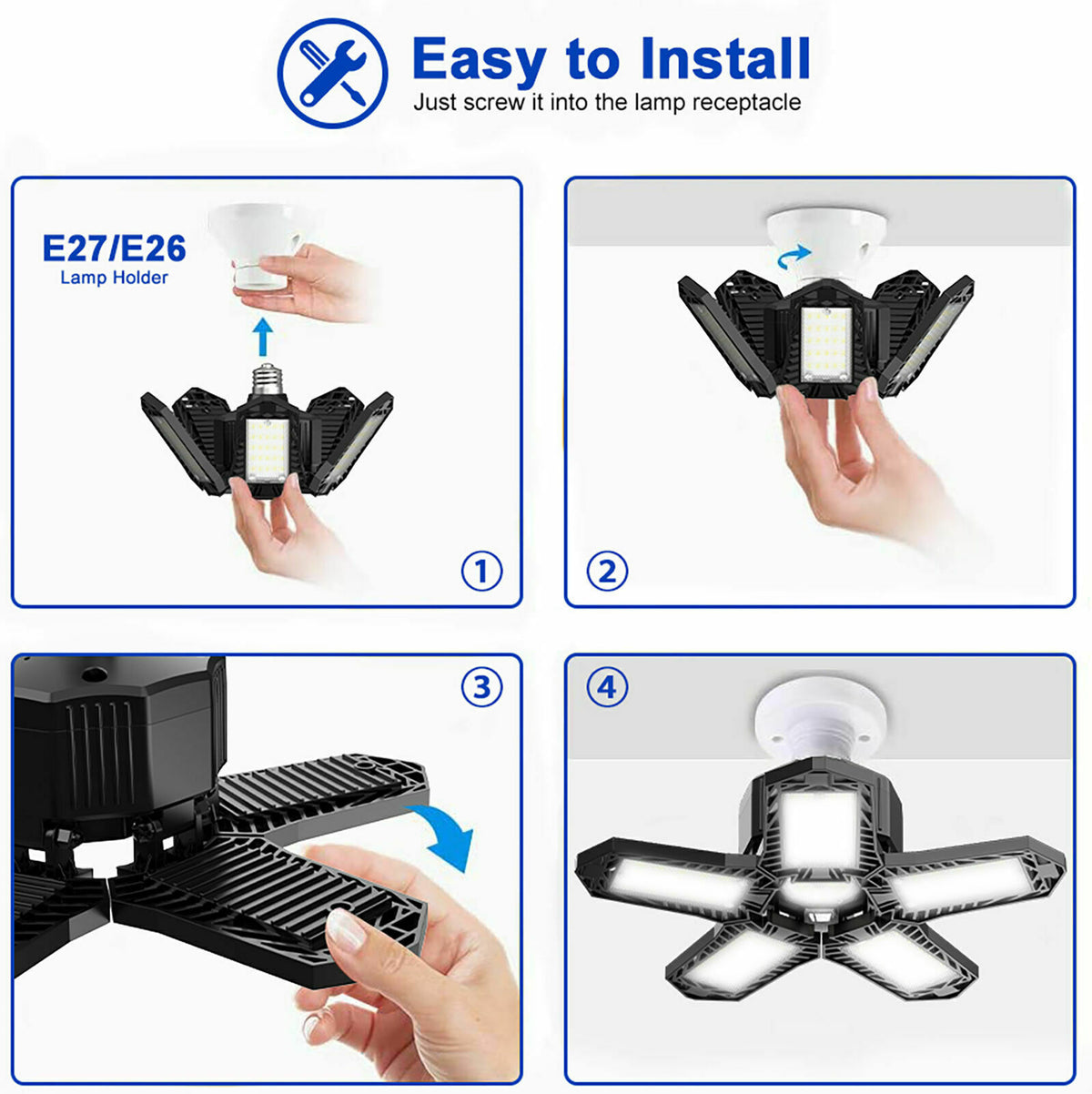 E27/E26 150W LED Garage Light 8000LM Adjustable Deformable Fan Garage Lamp Ceiling Industrial Work Light for Storage Warehouse