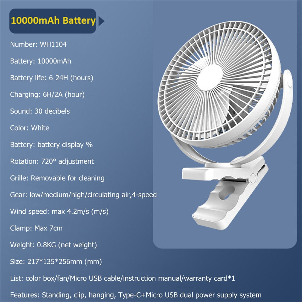 USB Charging Home Room Table Wireless Electric Fan 10000mAh Battery Outdoor Travel Portable Clip Ceiling Fan 4 Speed  Adjusted