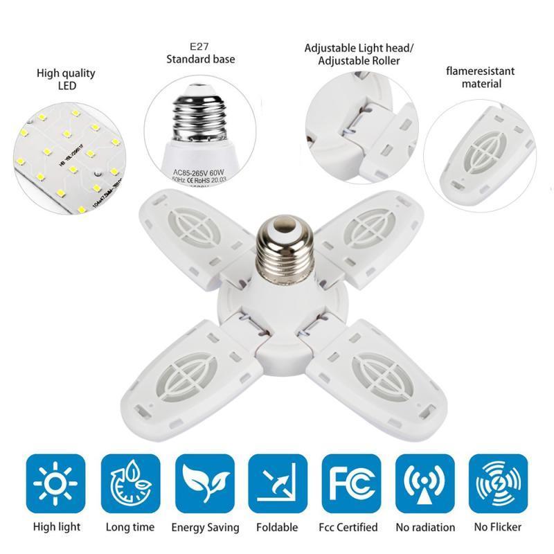 E27 LED Bulb Fan Blade Timing Lamp AC85-265V 28W 360° Foldable Led Light Bulb Home Ceiling Garage Light with Remote Controller