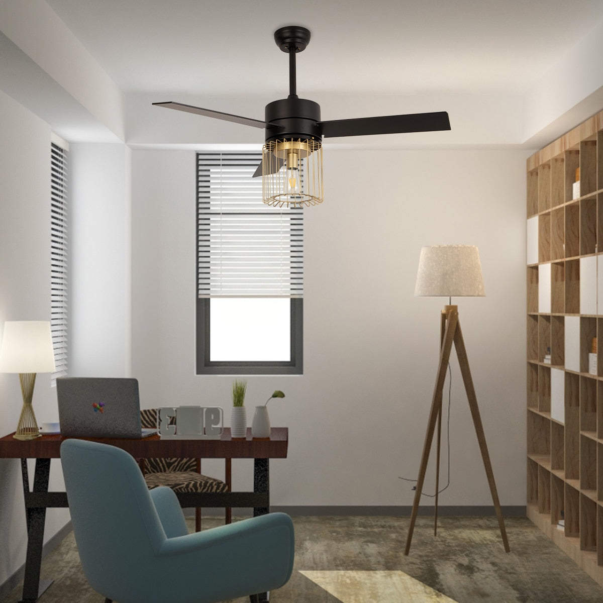 48 Inch Black/White Ceiling Fan 3 Blades 1 Light with Metal Wire-Caged Lampshade and Remote Control for Bedroom