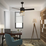 48 Inch Black/White Ceiling Fan 3 Blades 1 Light with Metal Wire-Caged Lampshade and Remote Control for Bedroom