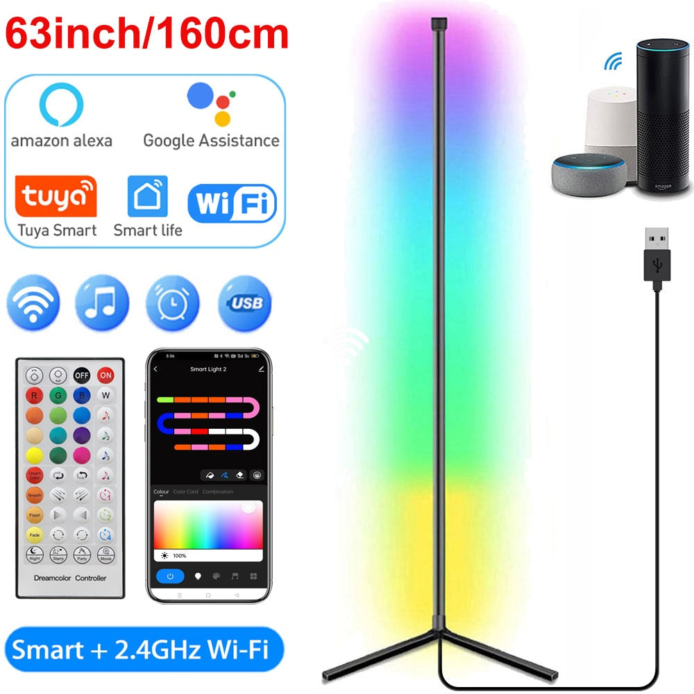 WIFI Tuya Corner Standing Floor Lamp Smart Alexa Lamp RGB Mood lighting 59&quot; Dimmable Led Light for living room Nordic Home Decor