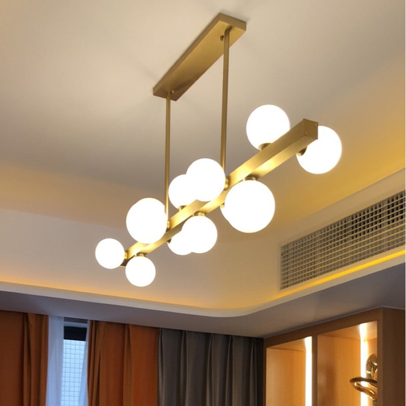 New All Copper Chandelier Modern Nordic7-9-12 Lights White Glass Ball Table Restaurant Strip Hanging Lamp Pendant Drop Lighting