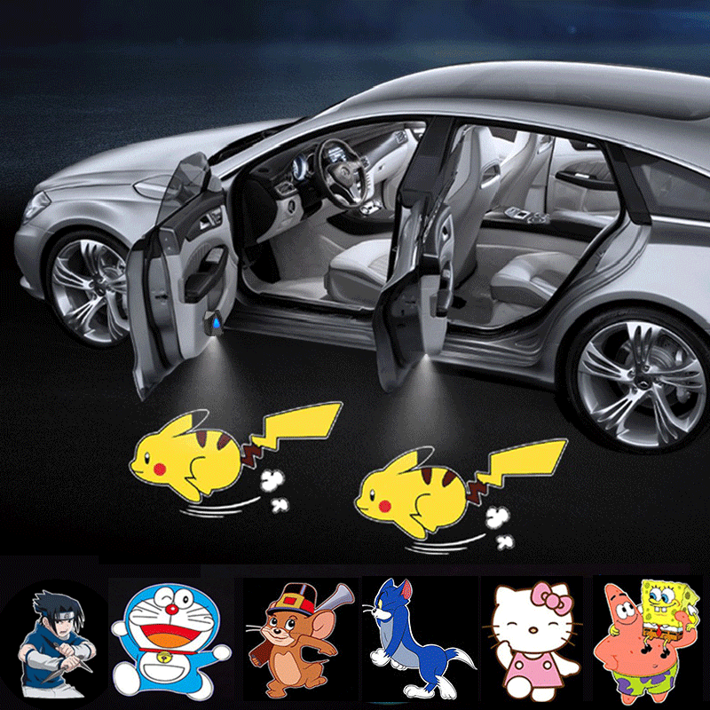Novelty LED Car Light Dynamic Cartoon Projector Lamp Rechargeable Car Door Atmosphere Warning Light Pikachu Anime Decor Lamp