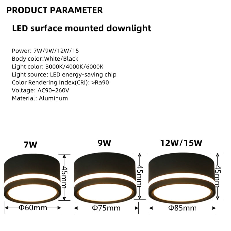 LED Downlight Dimmable Round 15W Living Dining Room Kitchen Bedroom Aisle Balcony Indoor Surface Mounted Ceiling Lamps 110V 220V