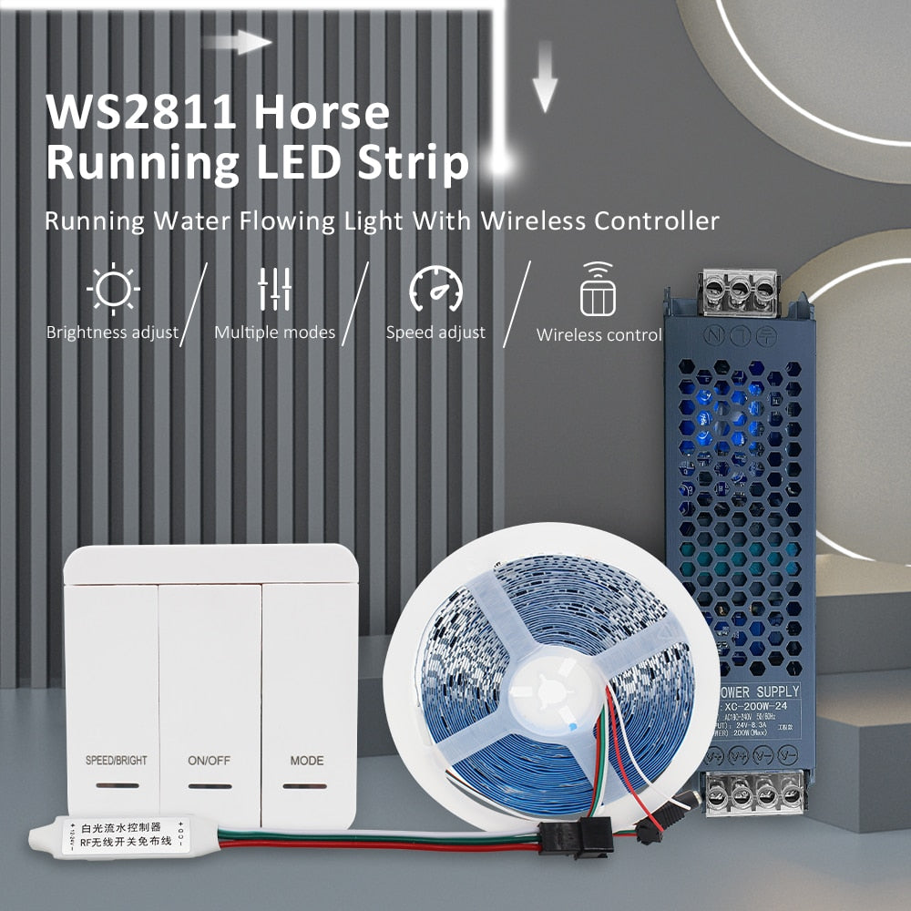 DC24V 10M WS2811 Horse Race LED Strip 2835 120Led/m Running Water Flowing Light with Wireless Controller Cool Natural Warm White