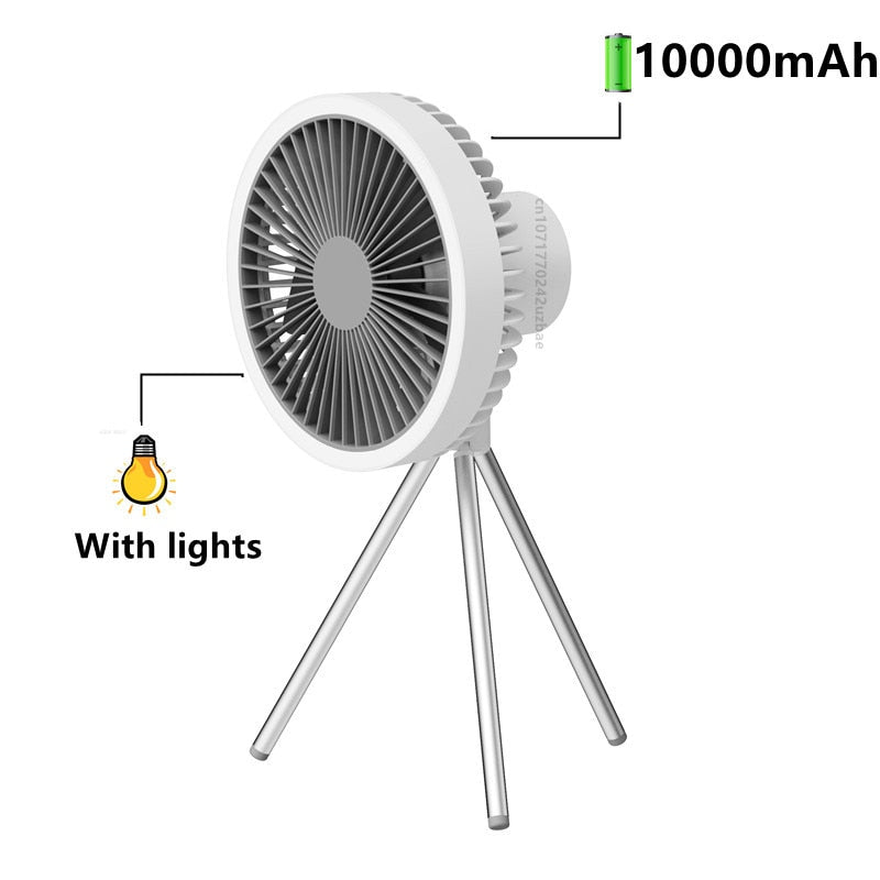 10000mAh USB Tripod Camping Fan With Power Bank Light Rechargeable Desktop Portable Circulator Wireless Ceiling Electric Fan