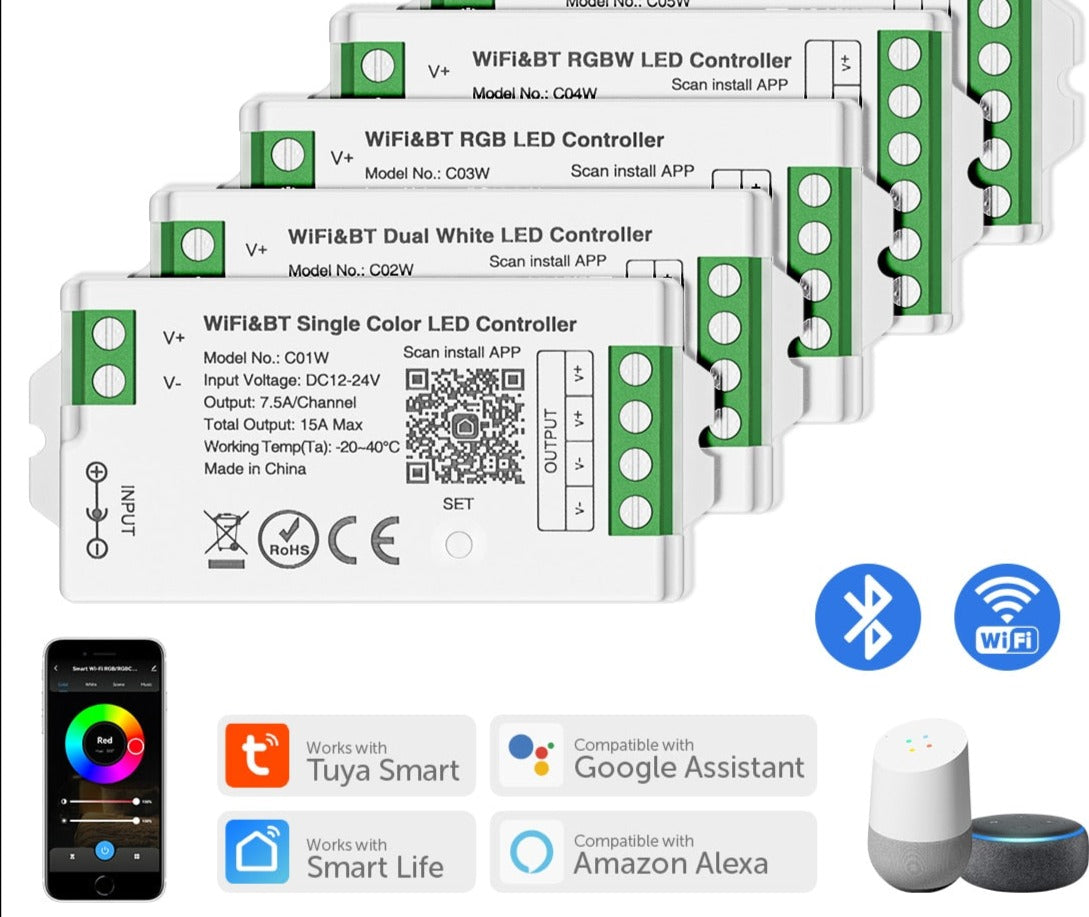 Smart LED Controller, Tuya WiFi, Alexa, Google Home, Bluetooth Voice Control, Dynamic Lighting Control, CCT, RGB, RGBW, Dimmer, iOS, Android, 2.4G, DC12V, DC24V, Intelligent Connectivity, Dynamic Light Modes, User-Friendly Compatibility, Versatile Voltage Support, Effortless Control, Max Load Power, Durable Craftsmanship, Certified Quality, Two-Year Warranty, WiFi and Bluetooth Connection, Lighting Ambiance, Lighting Control Options