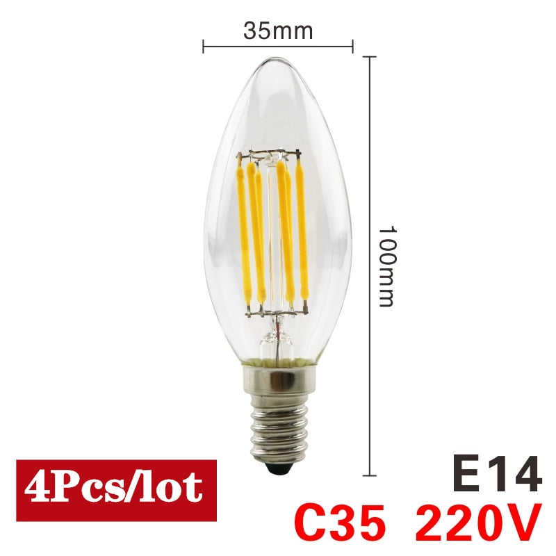 4pcs/lot LED Candle Bulb C35 ST64 Vintage Lamp E14 LED E27 A60 G95 G125 AC220V LED Globe 2W 4W 6W 8W Filament Edison Light Bulbs