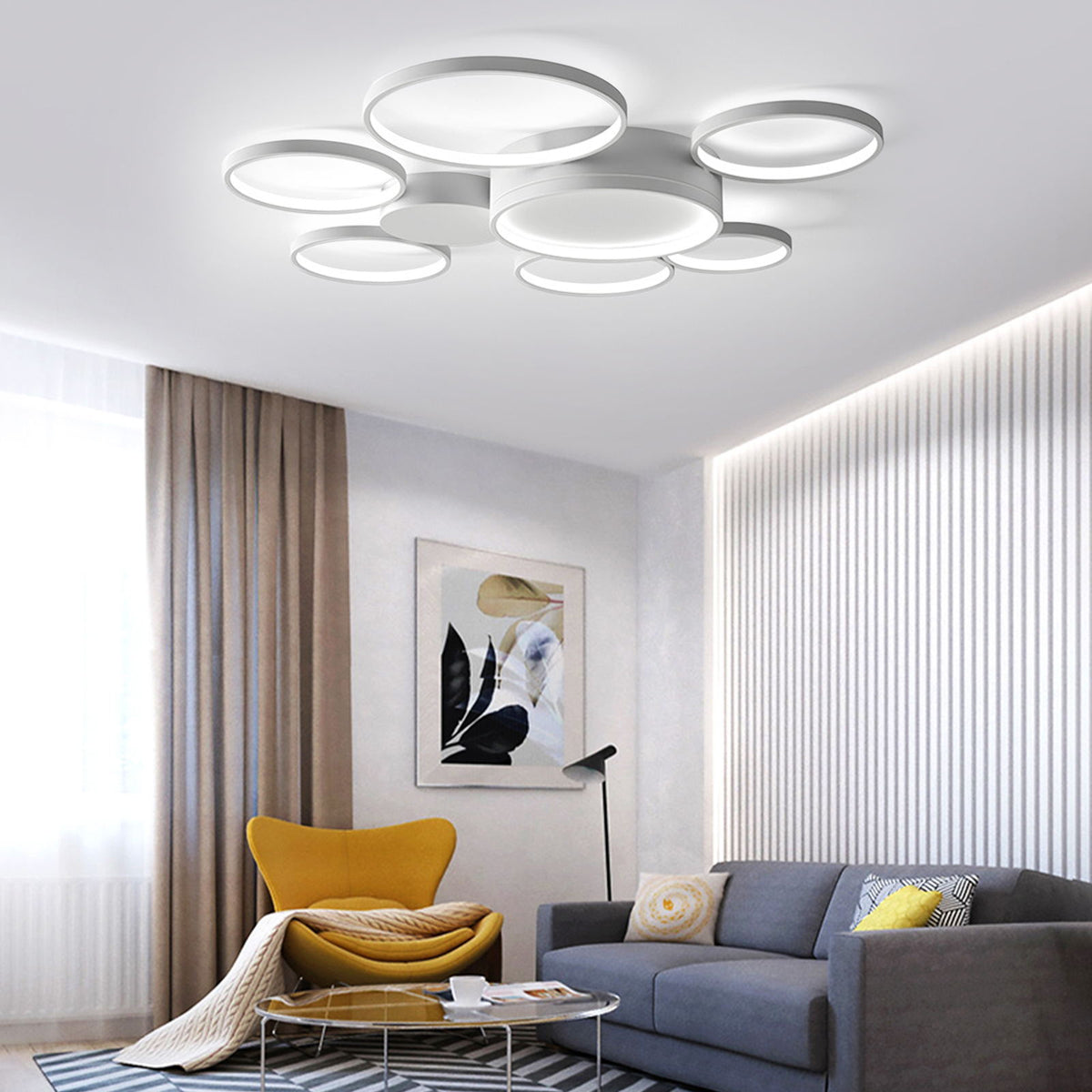 Black/White 7 Rings Flush Mount LED Ceiling Light with Remote Control for Living Room Bedroom