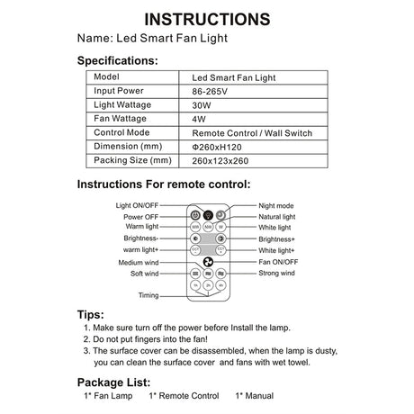 2in1 Smart Ceiling Fan E27 Light Head 30W Lighting Fan With Remote Control LED Electric Fan