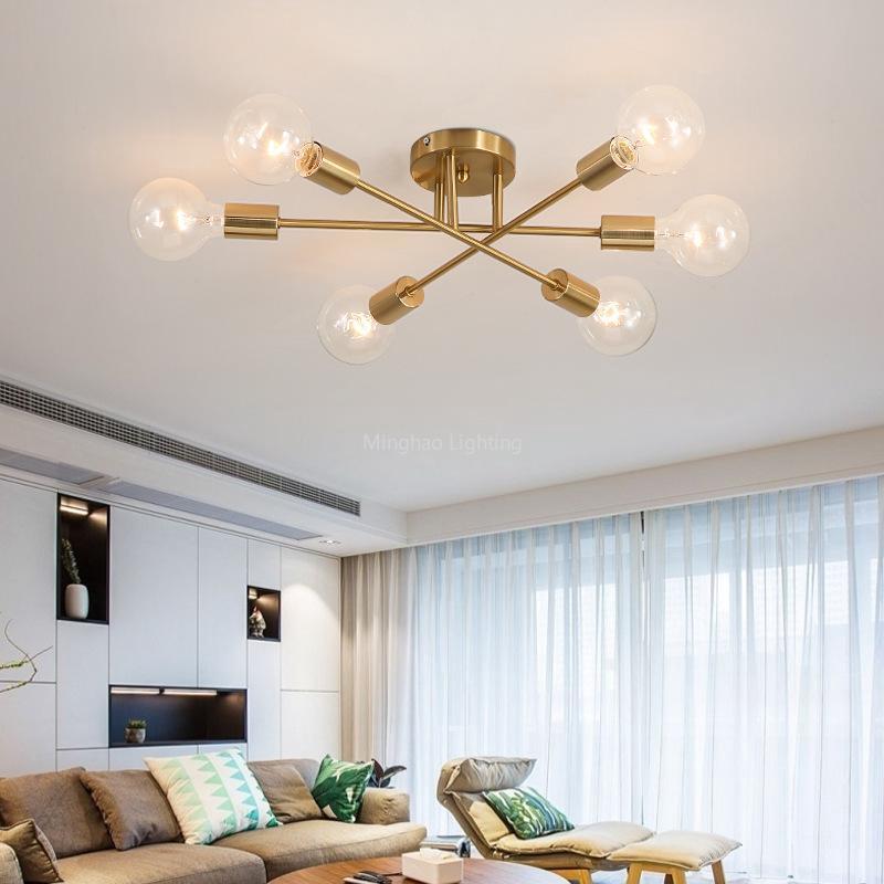 Modern Chandelier Nordic Semi Flush Mount Ceiling Lamp Brushed Antique Gold Home Decor Lighting Fixture