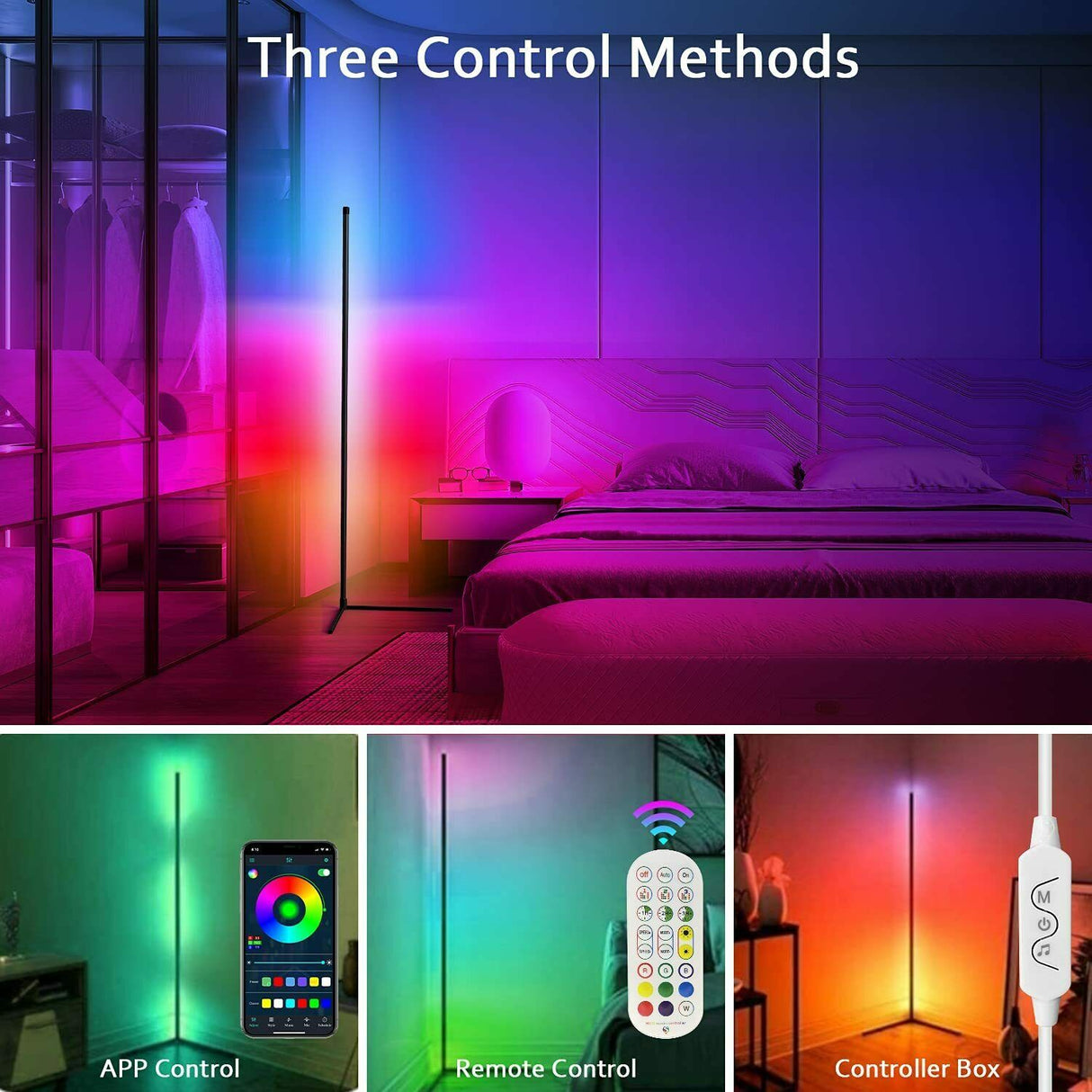 59 inch Corner Floor Lamp Dimmable APP Control Standing Lamps Remote LED RGB Light for Bedroom Decor Living Room Indoor Lighting