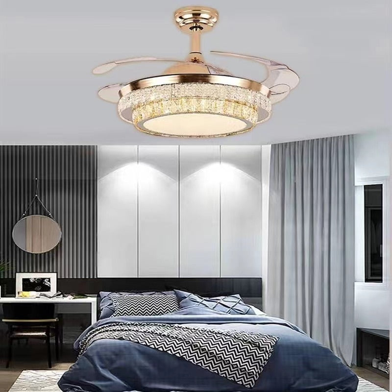 42&quot; Gold Luxury Crystal Ceiling Fans With Light Decorative DC 110V 220V Fan Lamp Remote Control Hanging Crystal Lighting