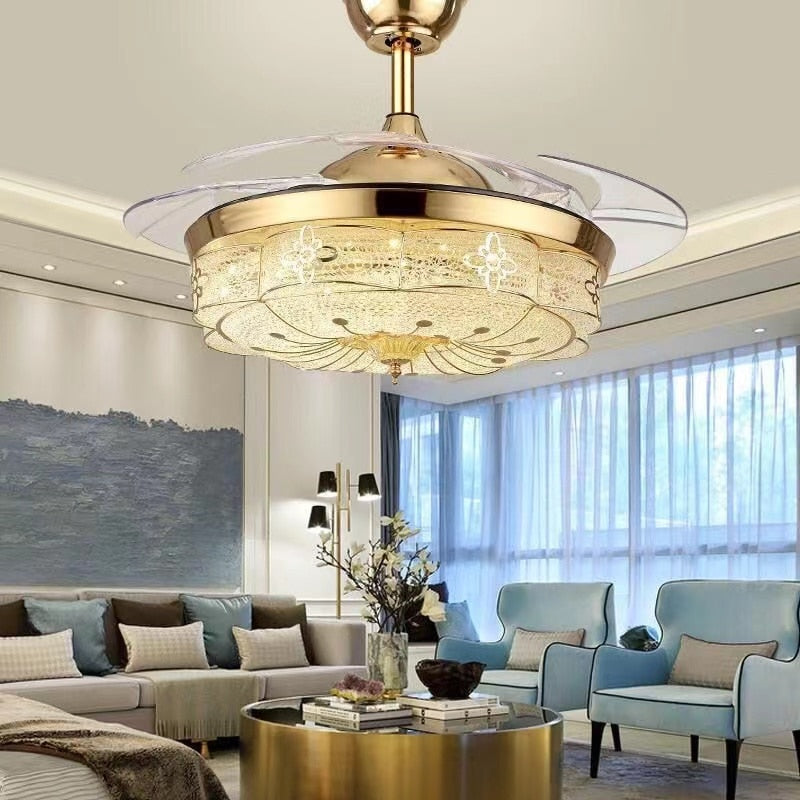 New American Restaurant Ceiling Fan Lamp Rural Retro European Style Leaf Living Room Fan Lamp Crystal Led Luxury Gold Fans