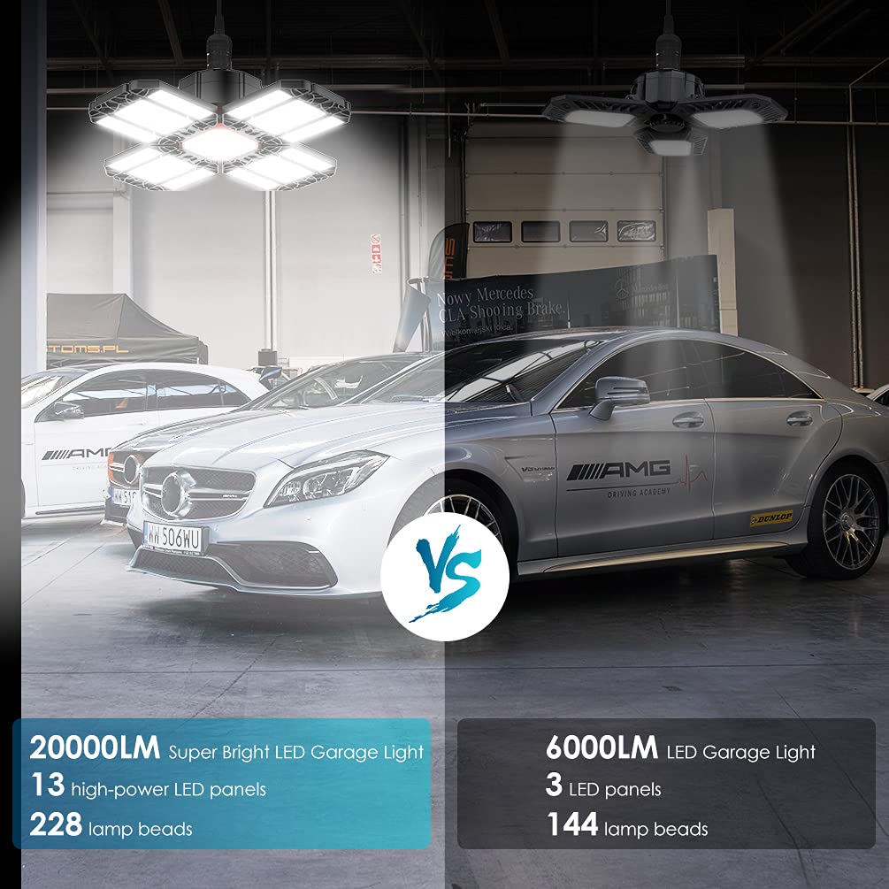 200W LED Garage Lights 3-12 Leafs Garage Ceiling Light Fixtures with Adjustable Multi-position Panel Lamp for Workshop Warehouse