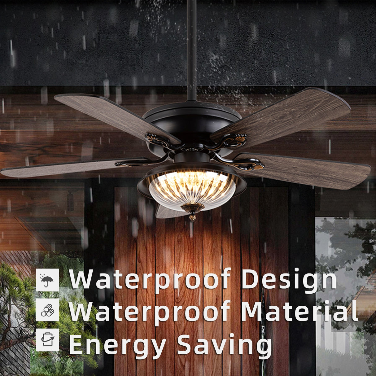 Outdoor Waterproof Sun Protection DC Motor 35W Ceiling Fans Glass House Courtyard Summer House Ceiling Fan Lighting