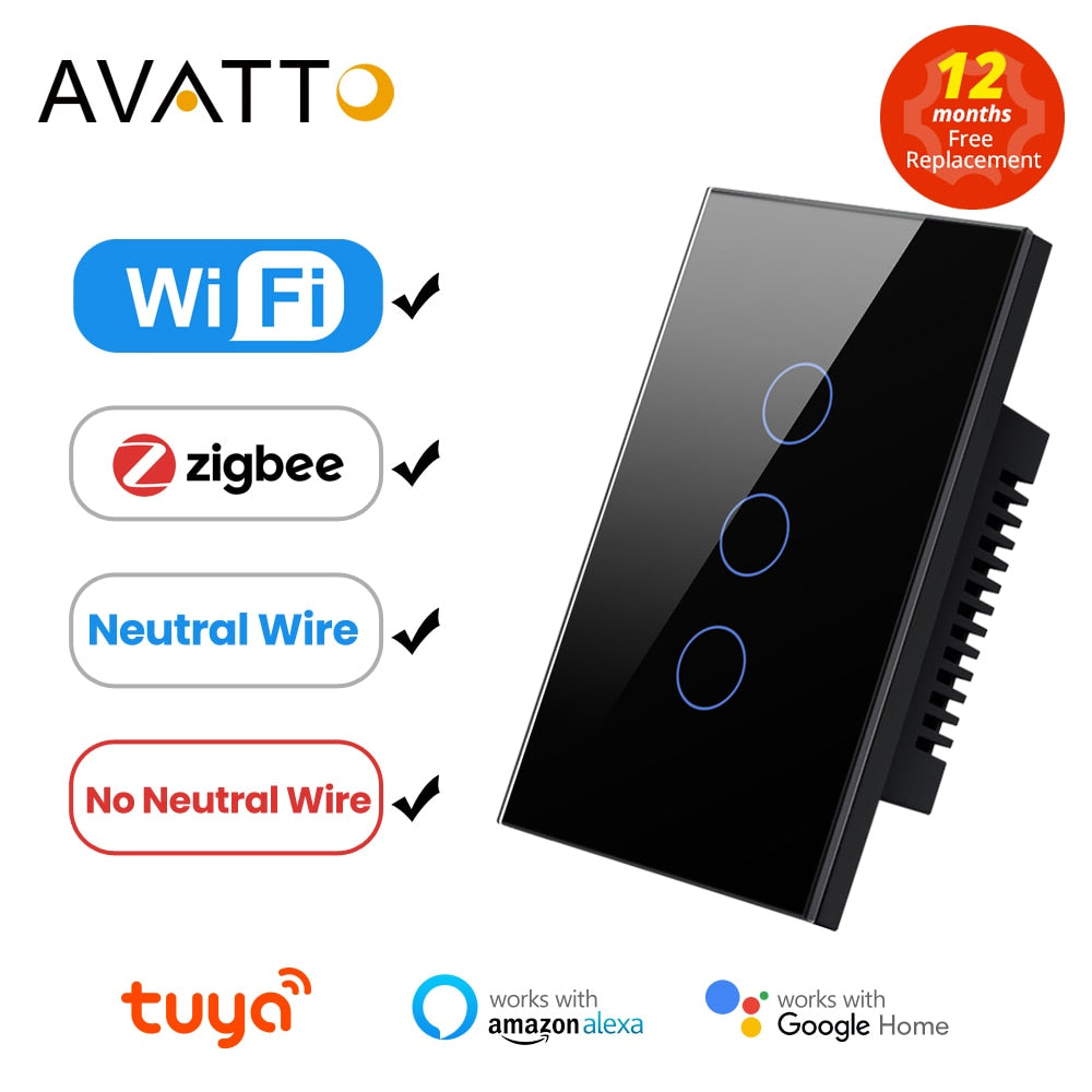 AVATTO Tuya WiFi/Zigbee Smart Light Switch, Neutral wire/No Neutral wire Required Wall Touch Switch Work with Alexa, Google Home