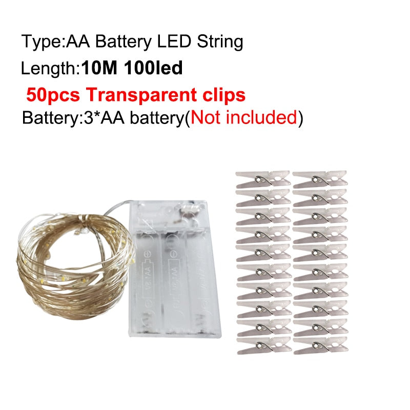 LED String Lights Photo Clip USB Battery Operated Garland Fairy Lamp Christmas Decoration Holiday Party Wedding Xmas Lighting