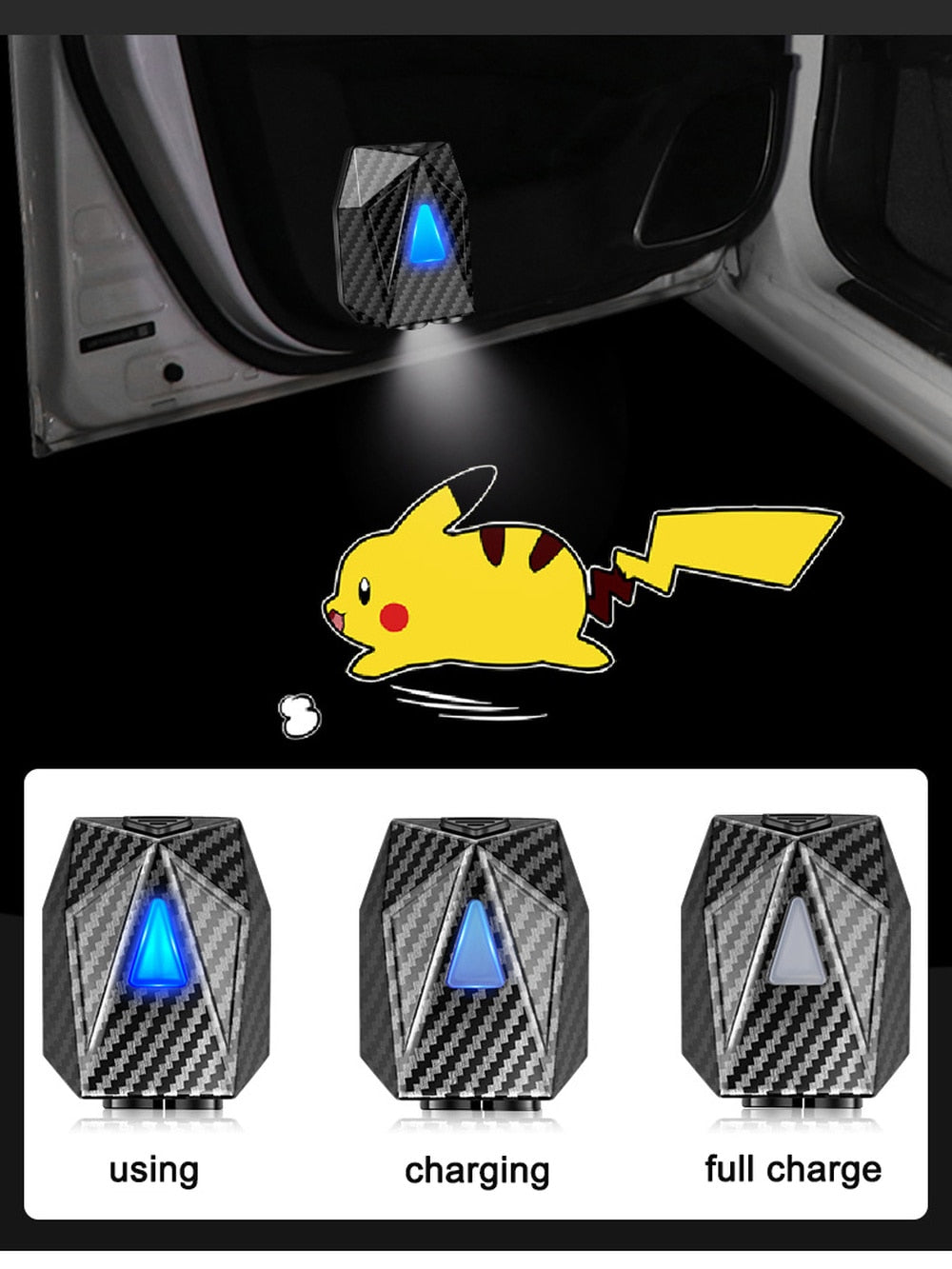 Novelty LED Car Light Dynamic Cartoon Projector Lamp Rechargeable Car Door Atmosphere Warning Light Pikachu Anime Decor Lamp