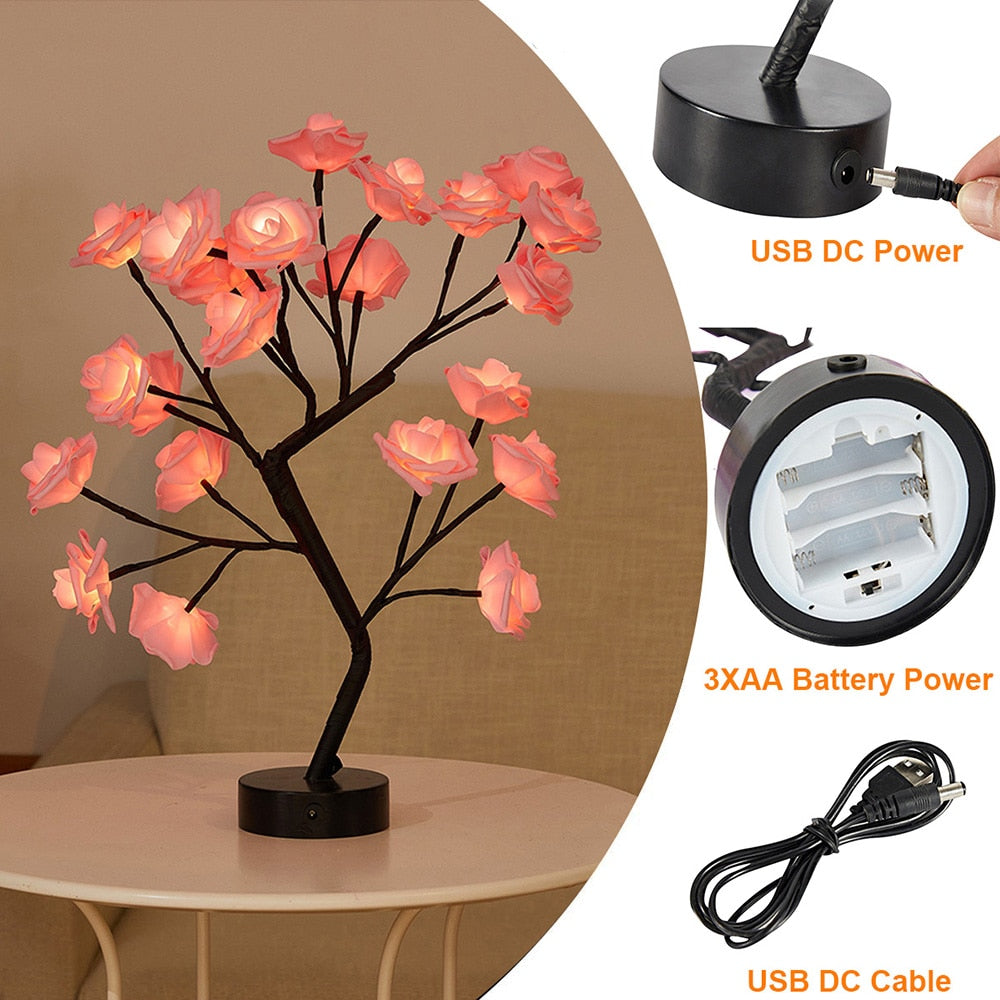 USB Battery Operated LED Table Lamp Rose Flower Bonsai Tree Night