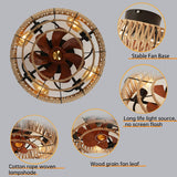 American retro cage ceiling fan lamp dining room bedroom ceiling lamp hemp rope industrial wind ceiling fan with light remote
