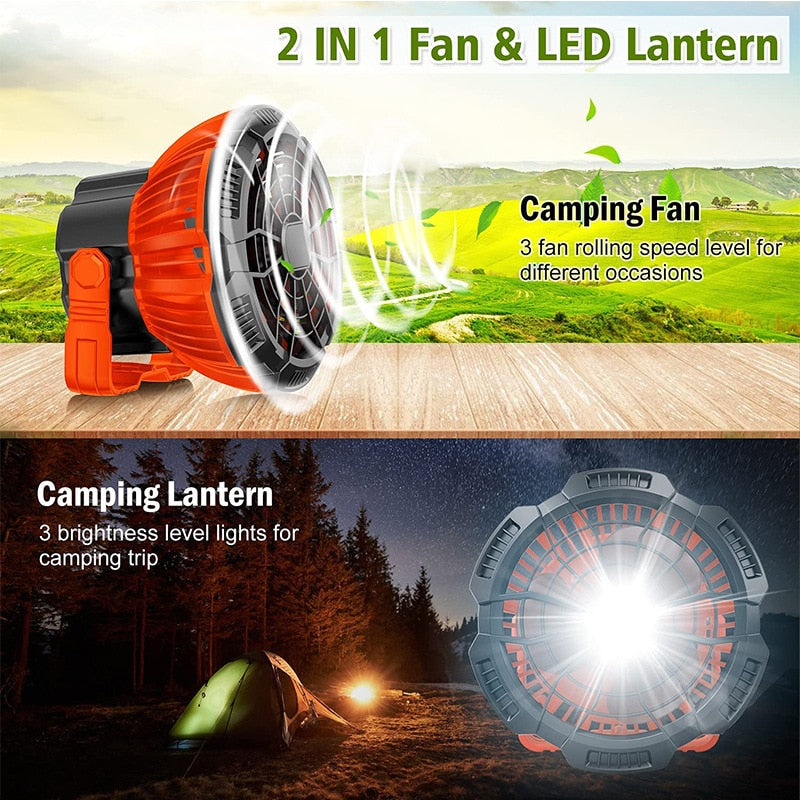 D2 Portable Camping Fishing Fan 2 in 1 LED Lamp Flashlight 3-Speed Outdoor USB Rechargeable Tent Fan Hanging Hook Torch Lantern