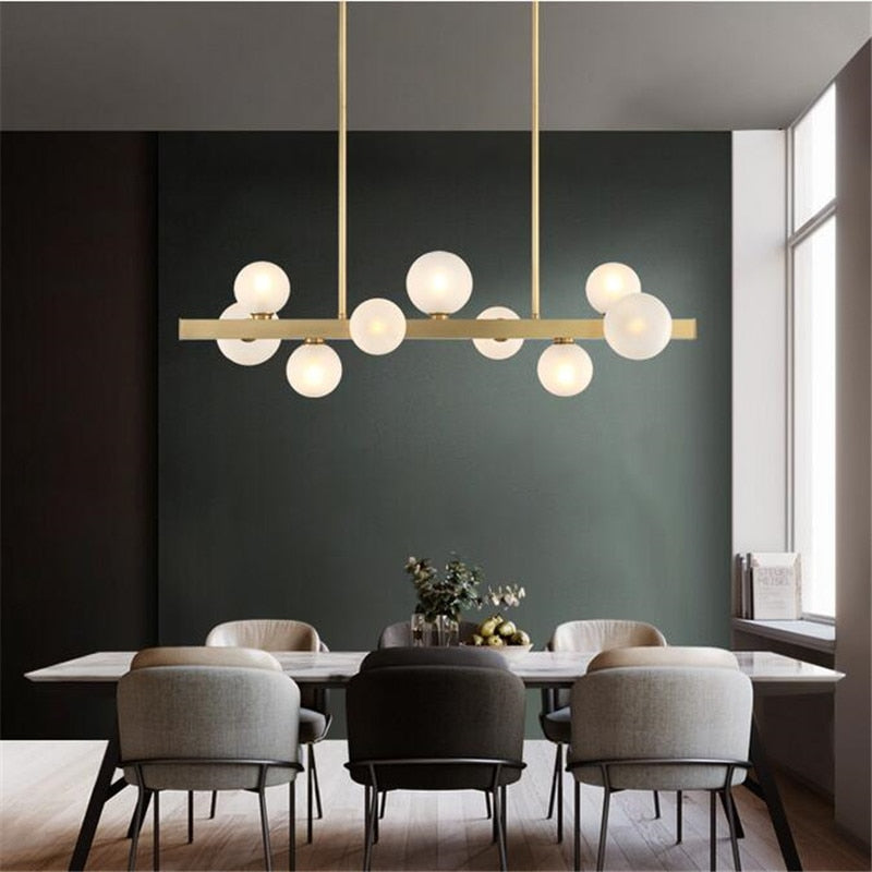 New All Copper Chandelier Modern Nordic7-9-12 Lights White Glass Ball Table Restaurant Strip Hanging Lamp Pendant Drop Lighting