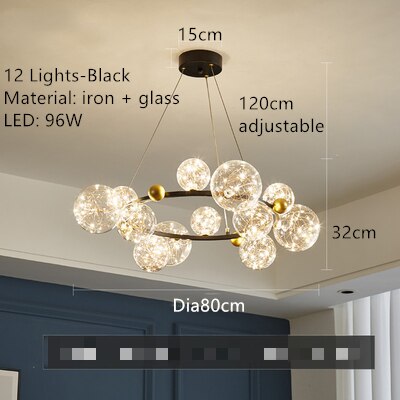 Creative Romantic Style Star Bright LED Modern Chandelier Hanging Lamp Round Black/Golden Transparent Glass Ball Pendant Light