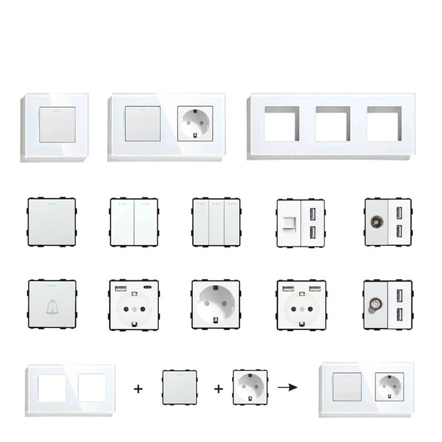  Wall Light Switches Glass Panel Parts White USB Sockets Function Parts  DIY EU CAT5 TV Sockets Power Outlet Parts