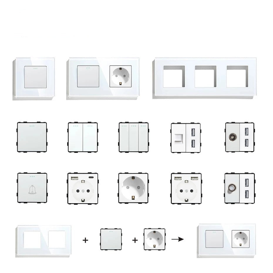  Wall Light Switches Glass Panel Parts White USB Sockets Function Parts  DIY EU CAT5 TV Sockets Power Outlet Parts