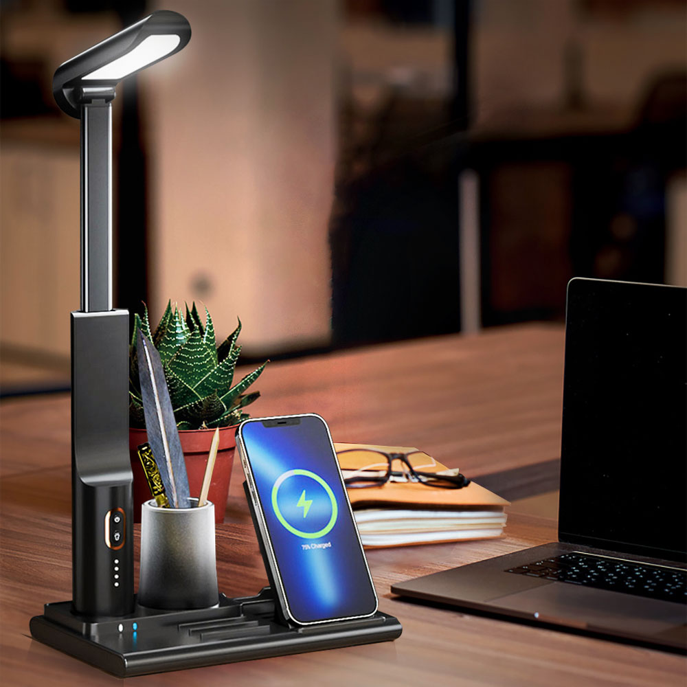 QI Wireless Charging LED Table Lamp,15W Eye Protection Folding Desk Lamp with Pen Holder Touch Control No Blu-ray Reading Light
