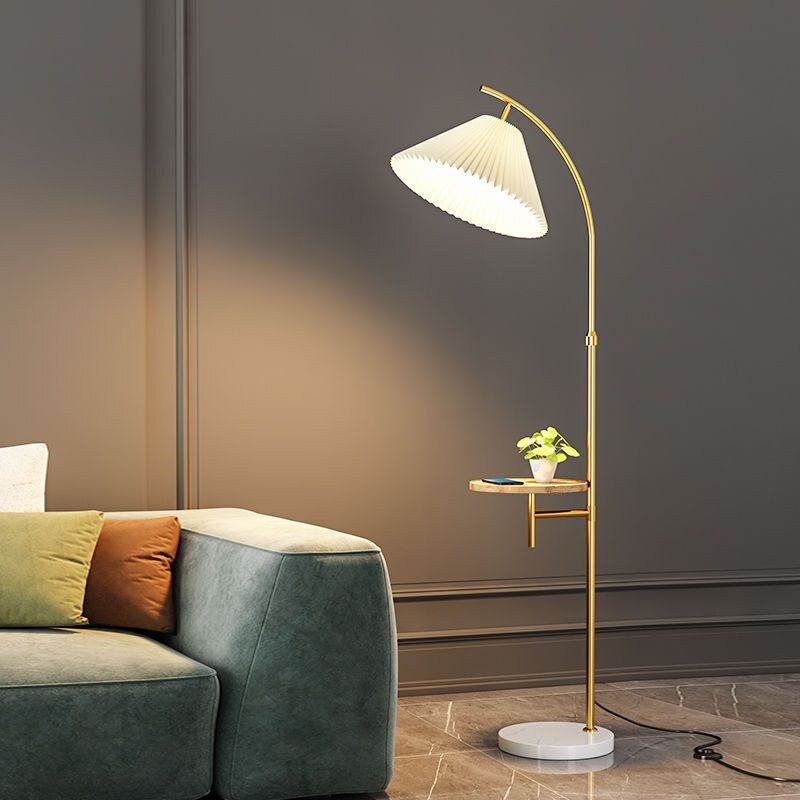 INS Fabric Floor Lamp with Table Nordic Pleated Standing Light for Living Room Sofa Bedroom Study Marble Vertical Desk Lamps