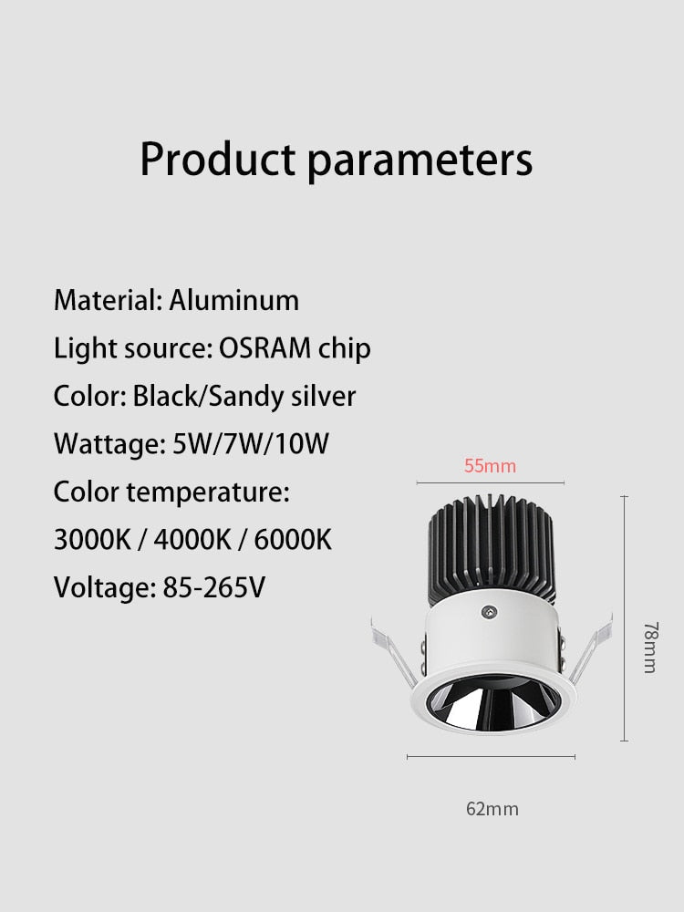 Led Spots Light Recessed Round Spotlights COB Mini Small Ceiling Lamp Adjustable Angle Narrow Border Foco Opening 55mm Lighting