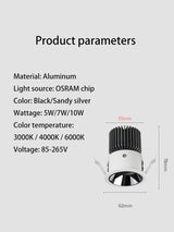 Led Spots Light Recessed Round Spotlights COB Mini Small Ceiling Lamp Adjustable Angle Narrow Border Foco Opening 55mm Lighting