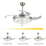 42 inch Ceiling Fan Modern LED Crystal Chandelier Bedroom 3 Color Light with Remote Control 36w
