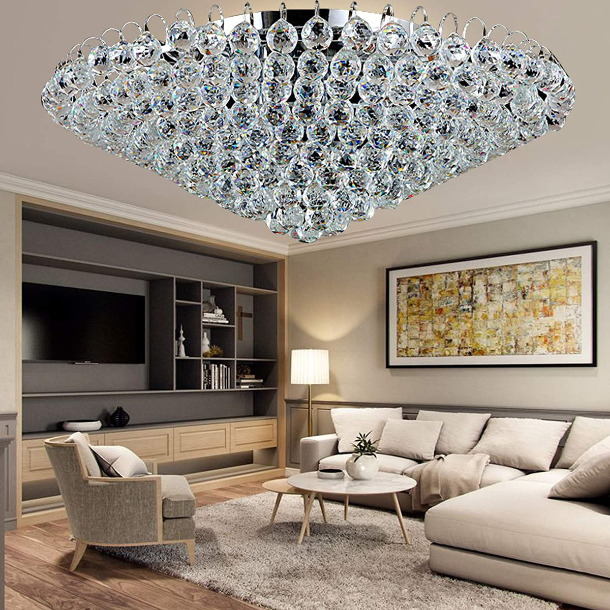 Modern K9 Translucent Crystal Chandelier Circle Ring Flush Mount Hanging Ceiling Light for Living Dining Bedroom