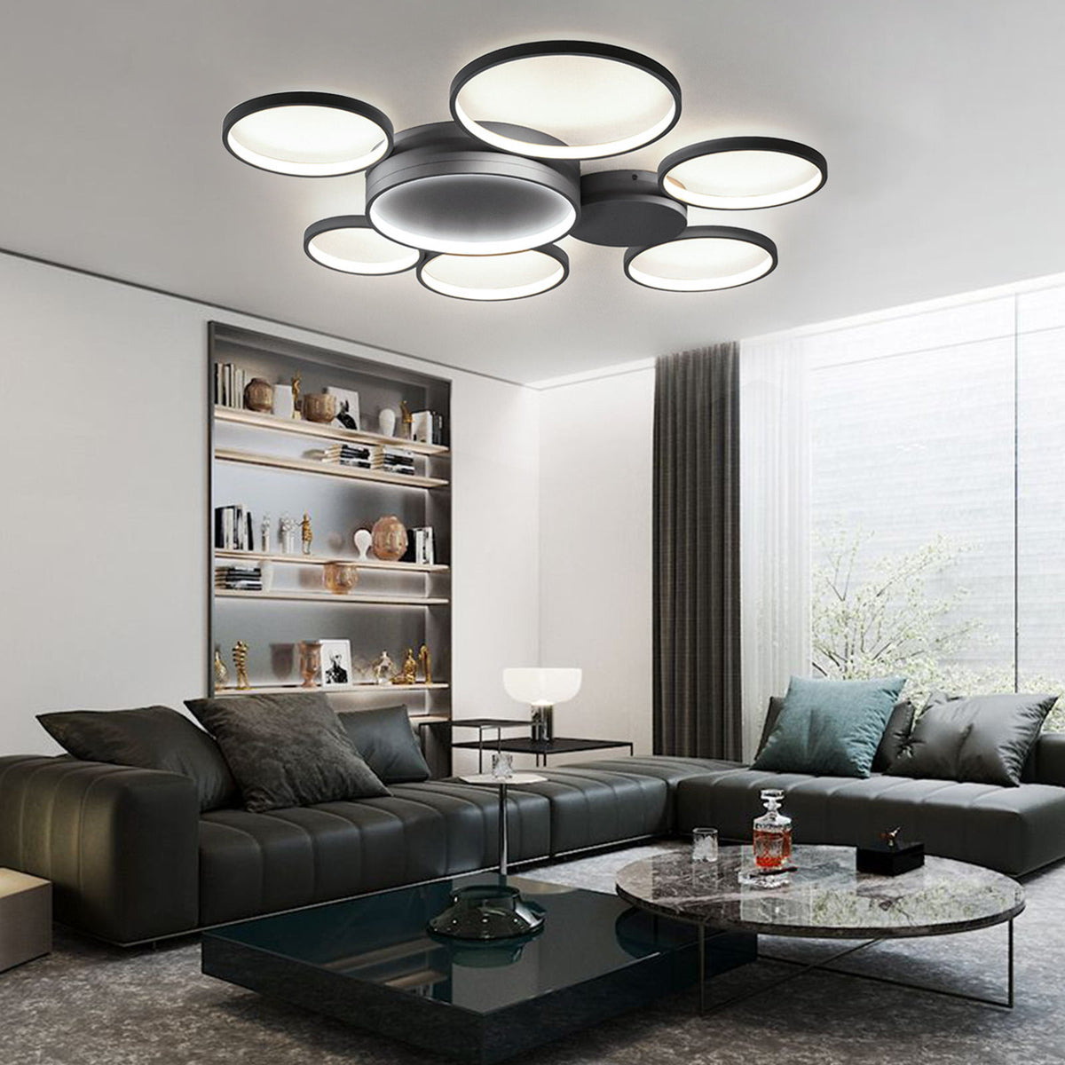 Black/White 7 Rings Flush Mount LED Ceiling Light with Remote Control for Living Room Bedroom