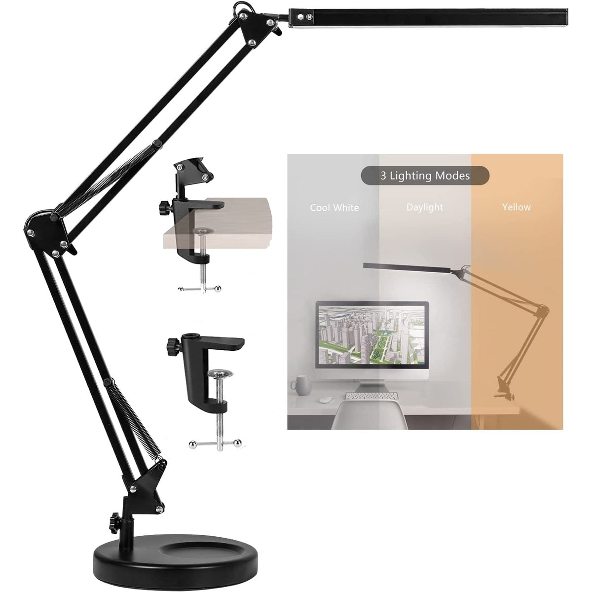 LED Desk Lamp with Clamp, Eye-Care Dimmable Reading Light, 3 Color Modes Swing Arm Lamp, USB Clip-on Table Lamp, Daylight Lamp